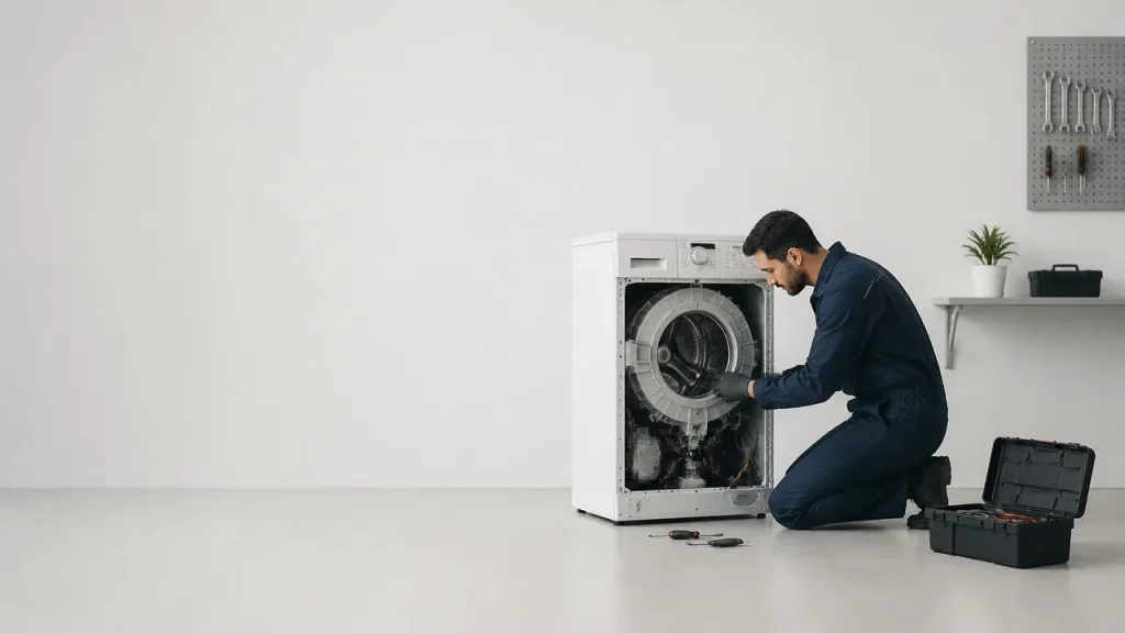 تکنسین در حال عیب‌یابی ماشین لباسشویی